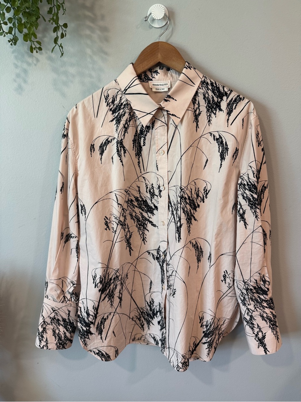 Alexander McQueen Pale Pink Button-Down with Black Botanical Print
